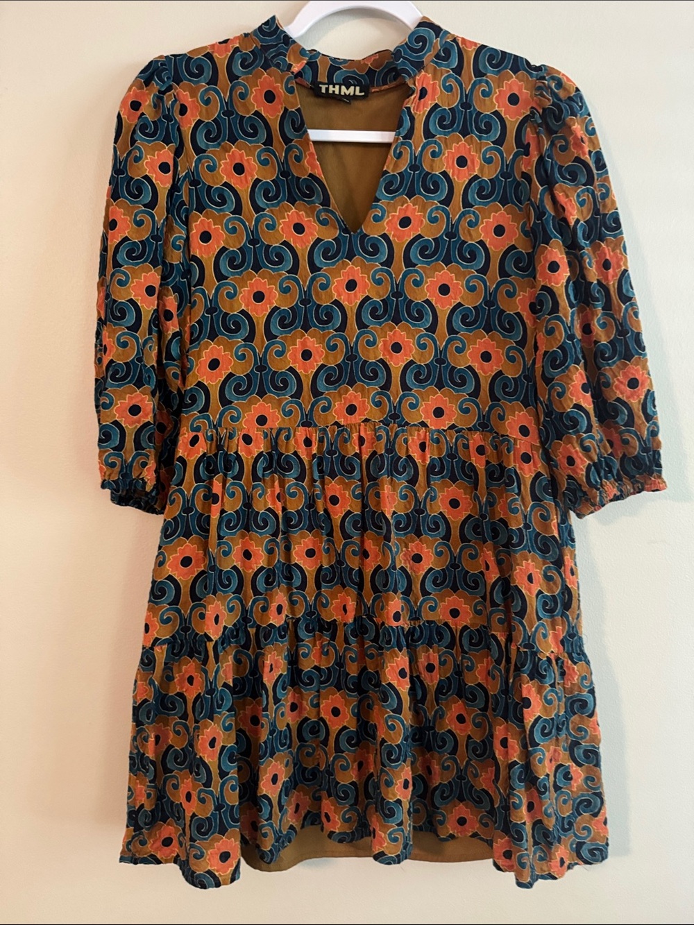THML Navy and Orange Floral Tiered Mini Dress
